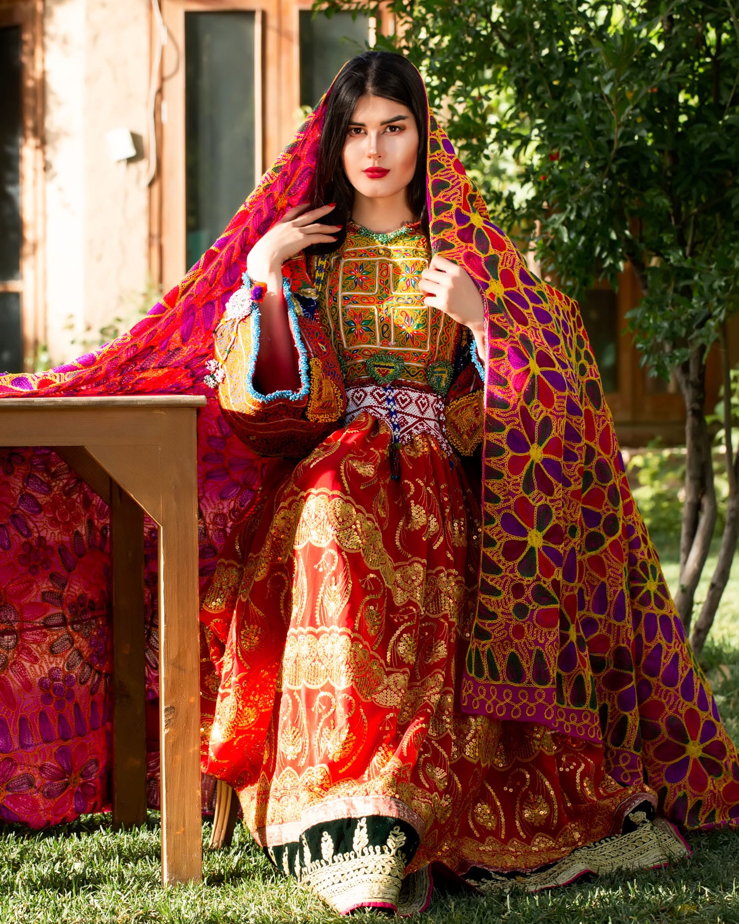 Afghan Short Dress with Chador and Trousers, Featuring Hand Embroidery |  Aseel