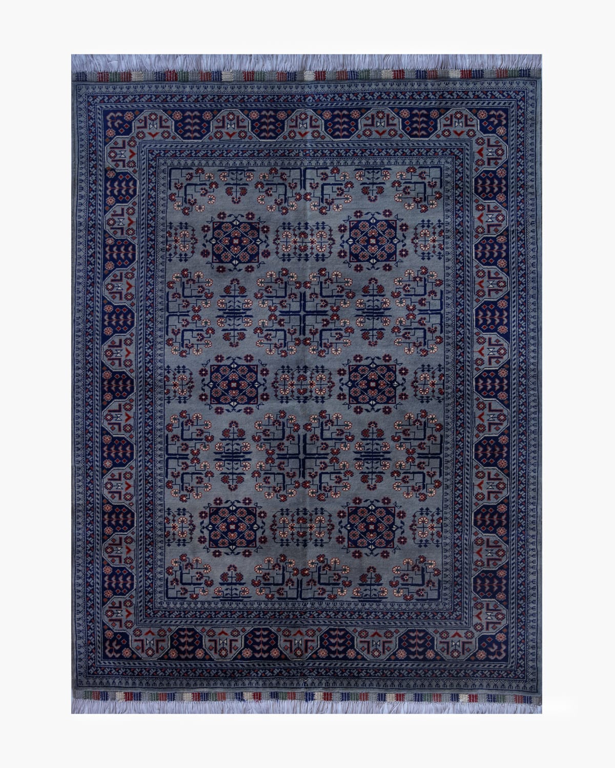 Handmade Bukhara Steel Gray Pure Wool Carpet – 40×40 Knot Density – 2.4×1.5 Meters