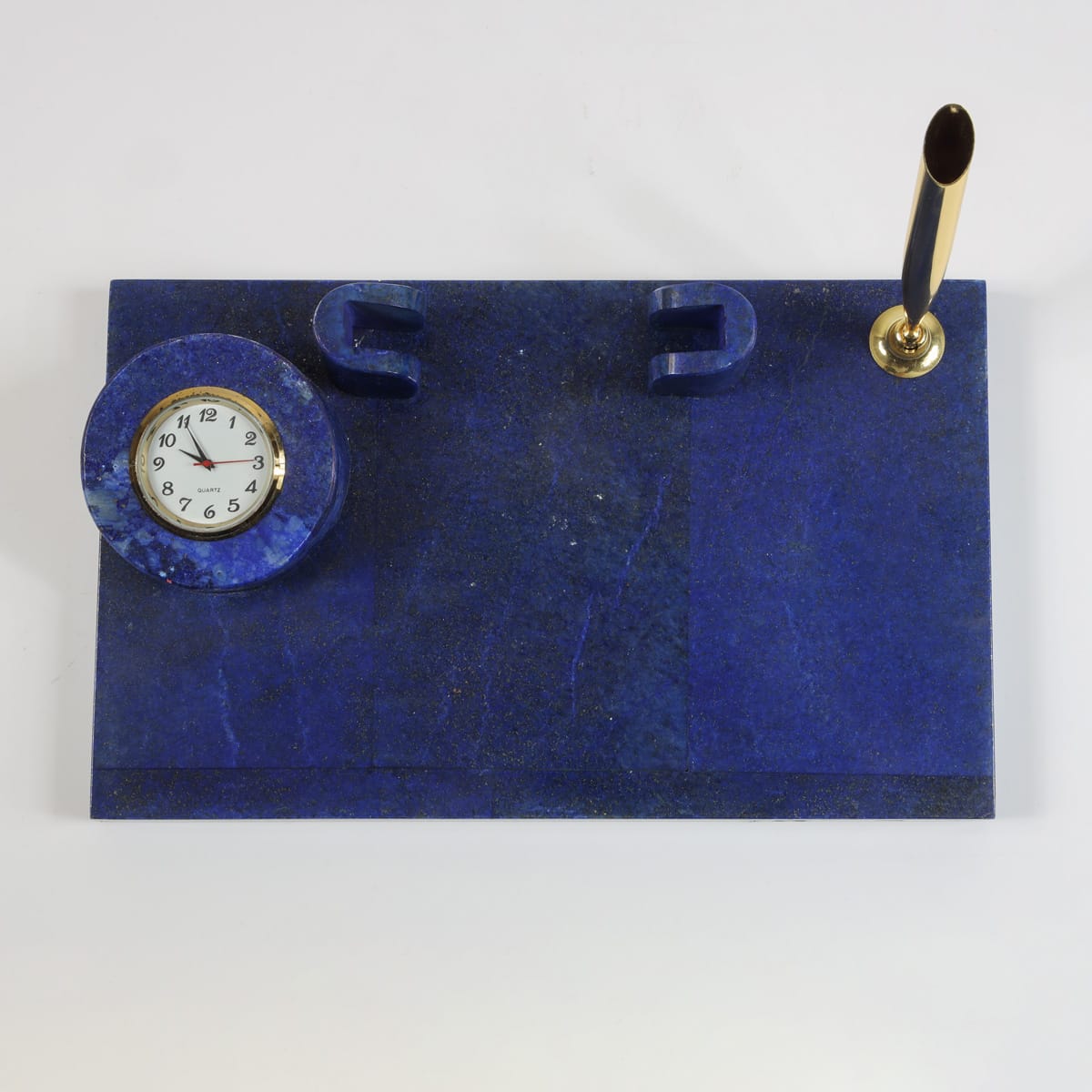 Luxury Lapis Lazuli Desk Set with Clock & Pen Holder - Handcrafted