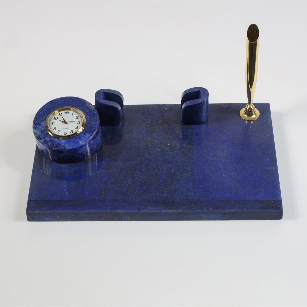 Luxury Lapis Lazuli Desk Set with Clock & Pen Holder - Handcrafted