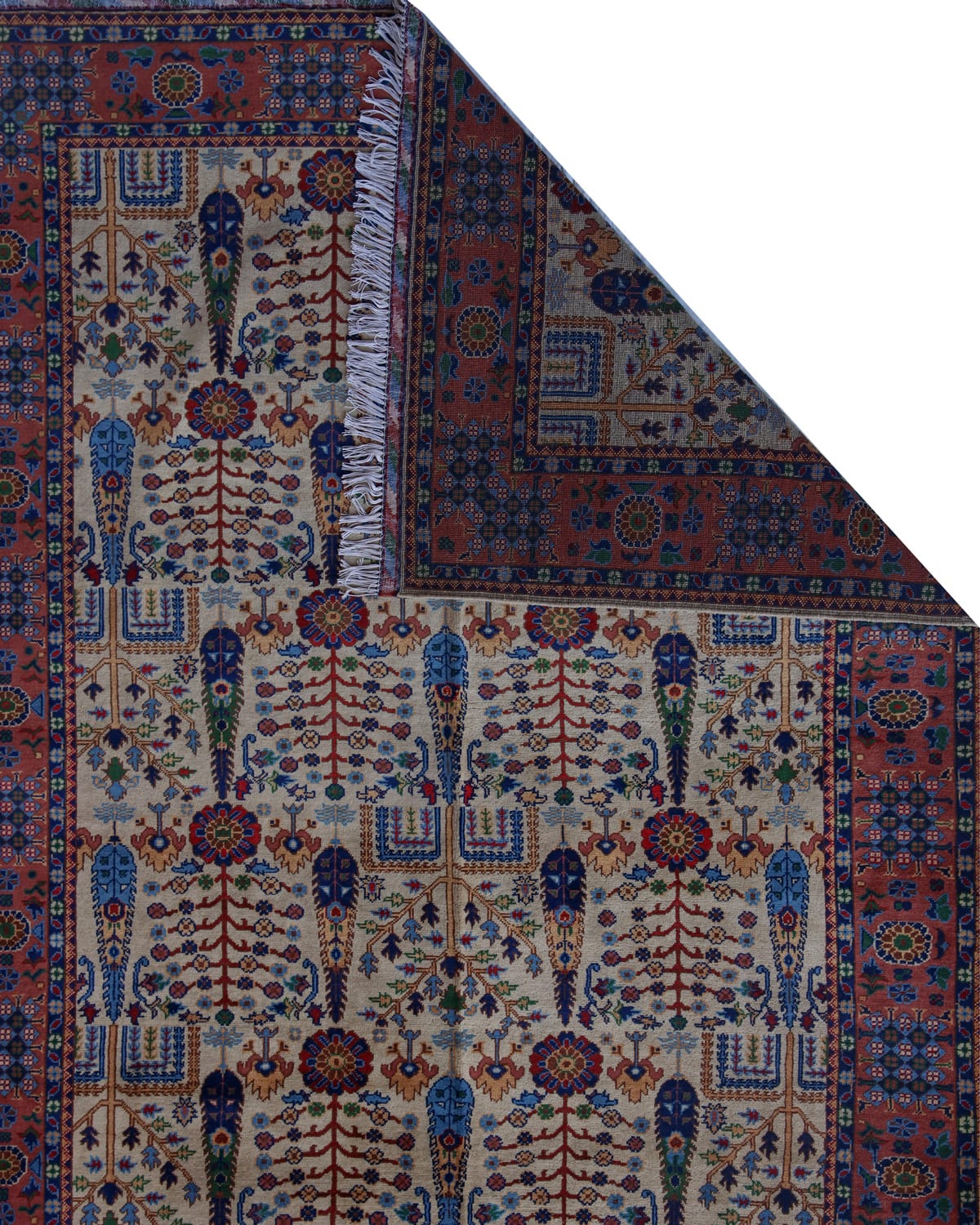 Afghani Rug Tree Design - Cream Merino Wool