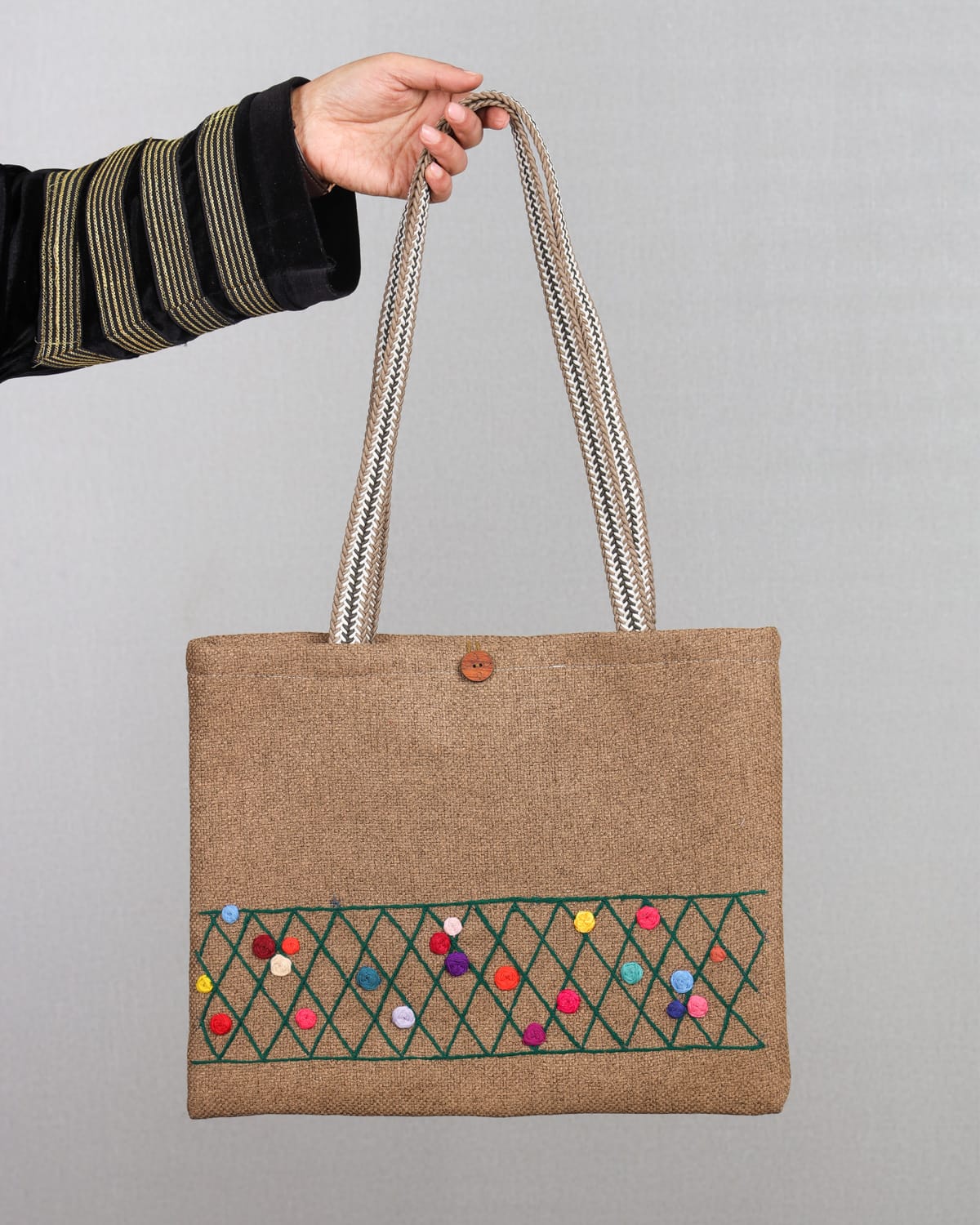 Handmade Embroidered Cotton Bag with Leather Straps