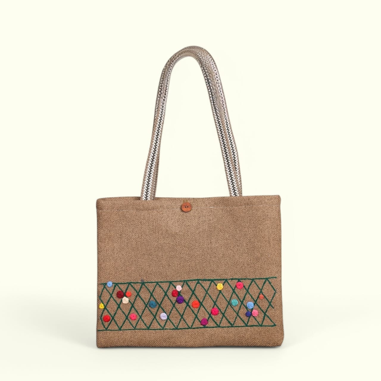Handmade Embroidered Cotton Bag with Leather Straps