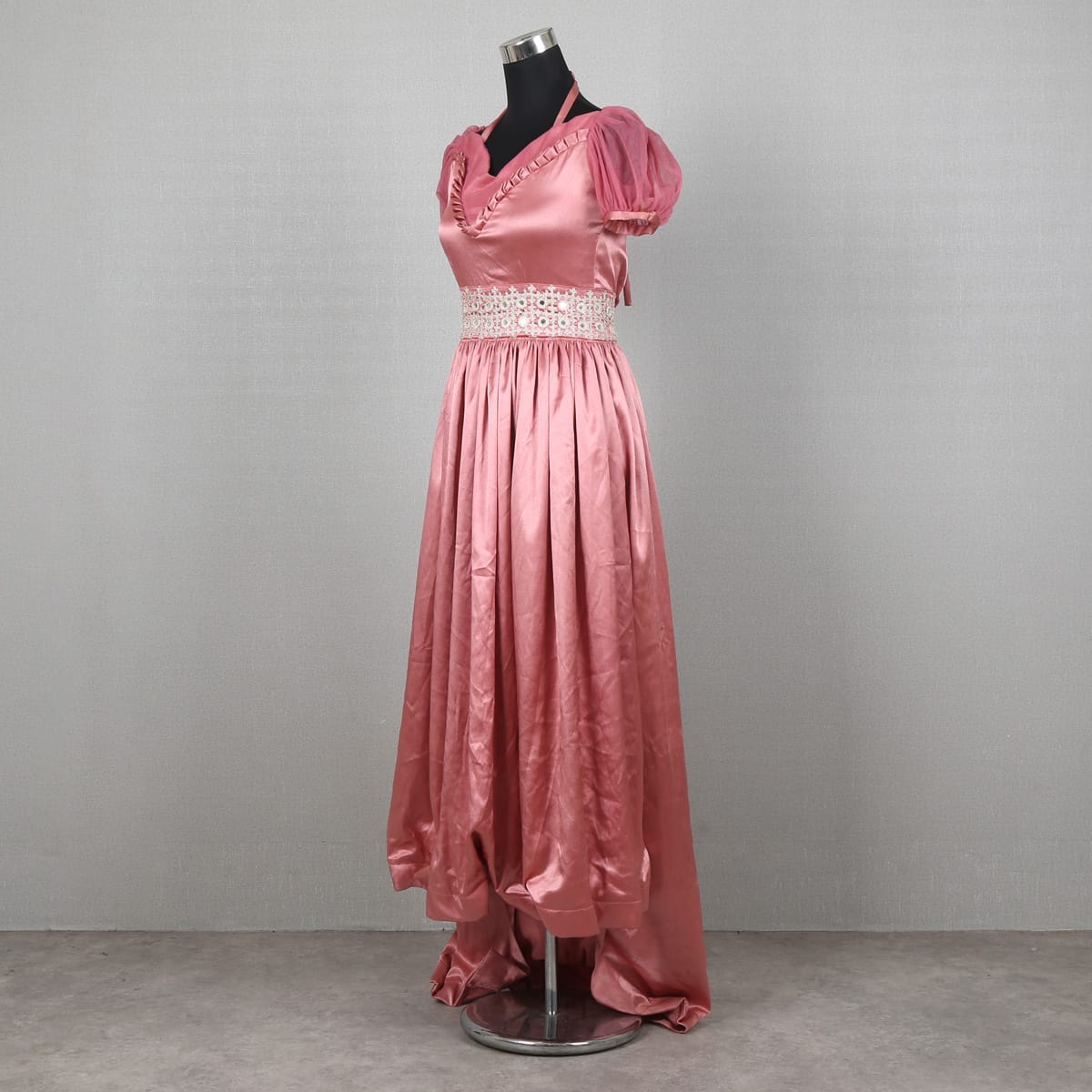 Pink Satin Evening Gown with Lace Waistband