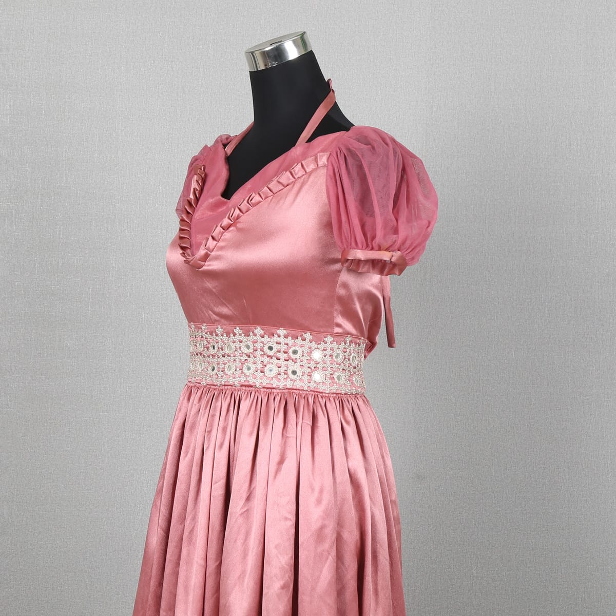 Pink Satin Evening Gown with Lace Waistband