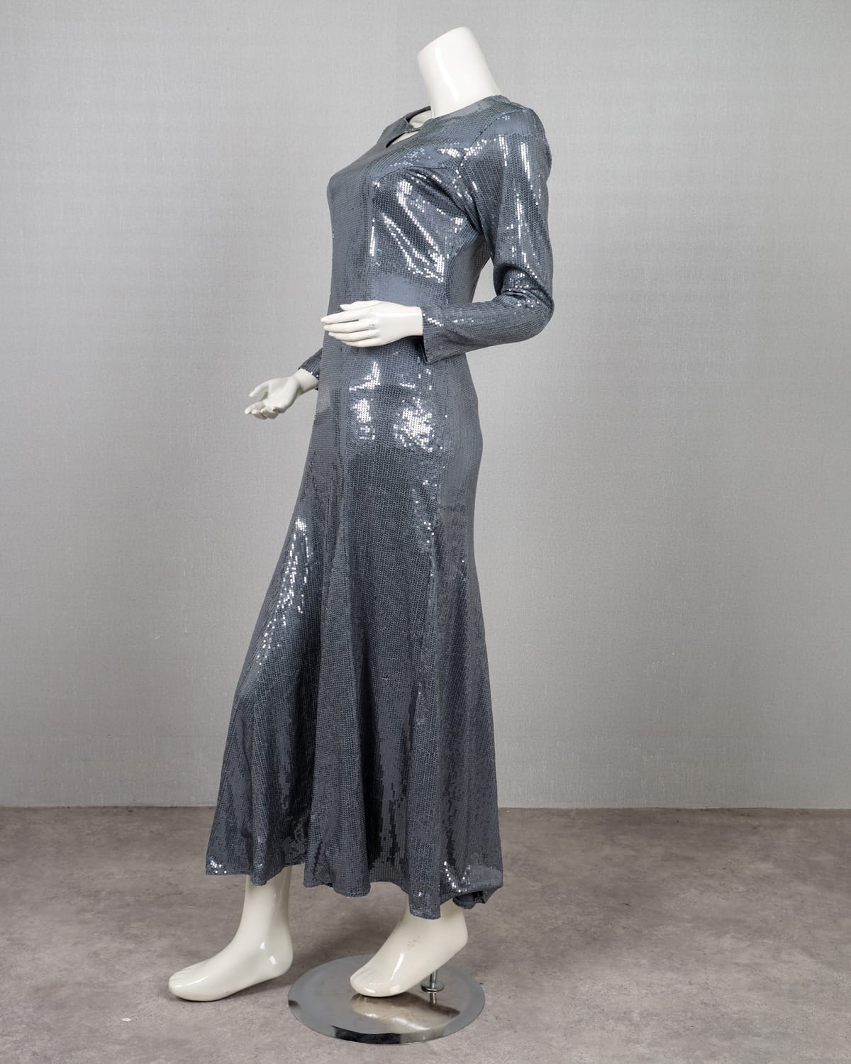 Silver Sequin Long Sleeve Maxi Evening Gown