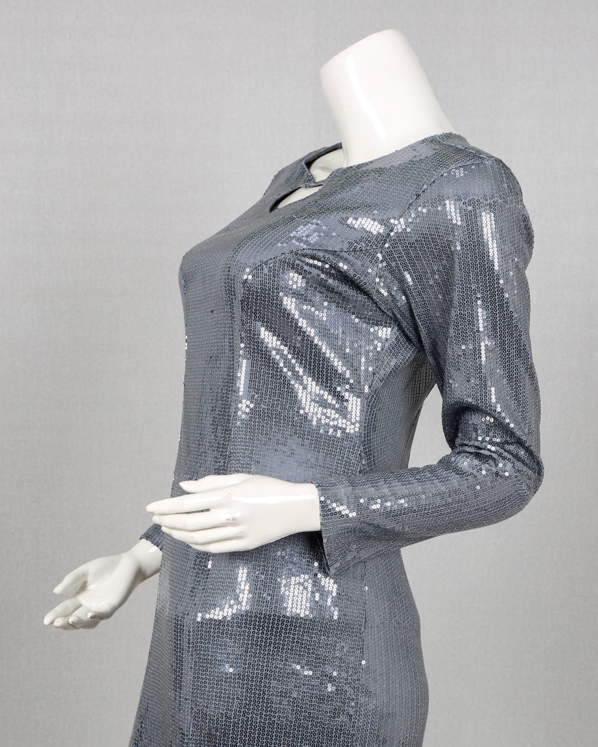 Silver Sequin Long Sleeve Maxi Evening Gown