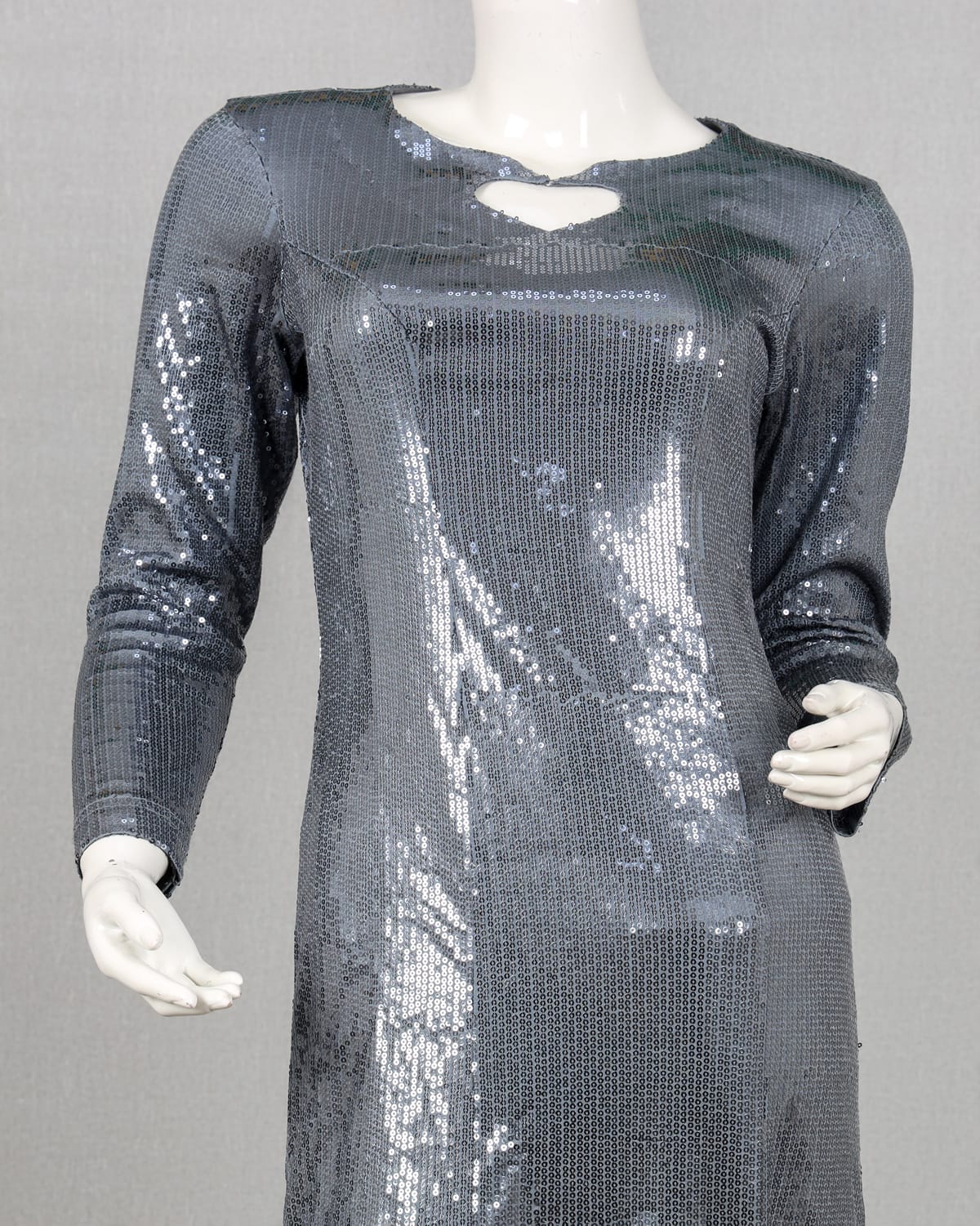 Silver Sequin Long Sleeve Maxi Evening Gown