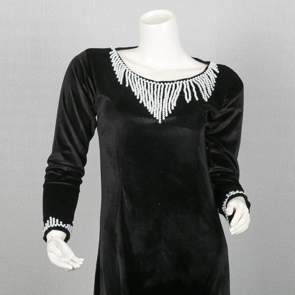 Black Velvet Dress with White Bead Embroidery