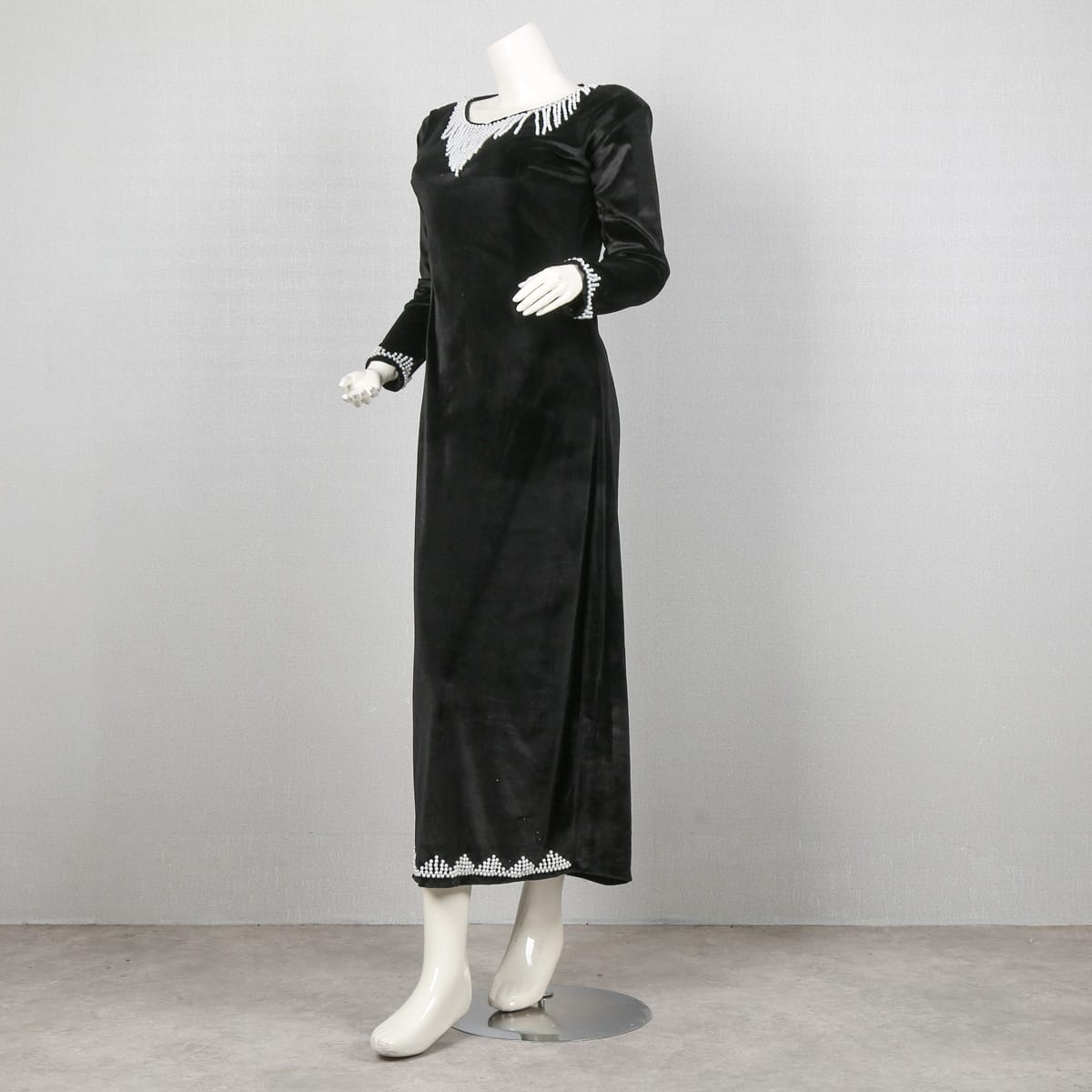 Black Velvet Dress with White Bead Embroidery