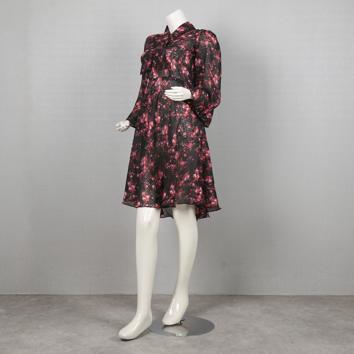 Floral Print Black Dress with Bell Sleeves and Belted Waist