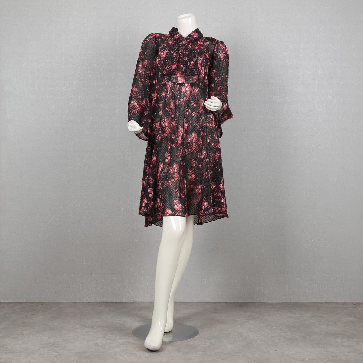 Floral Print Black Dress with Bell Sleeves and Belted Waist