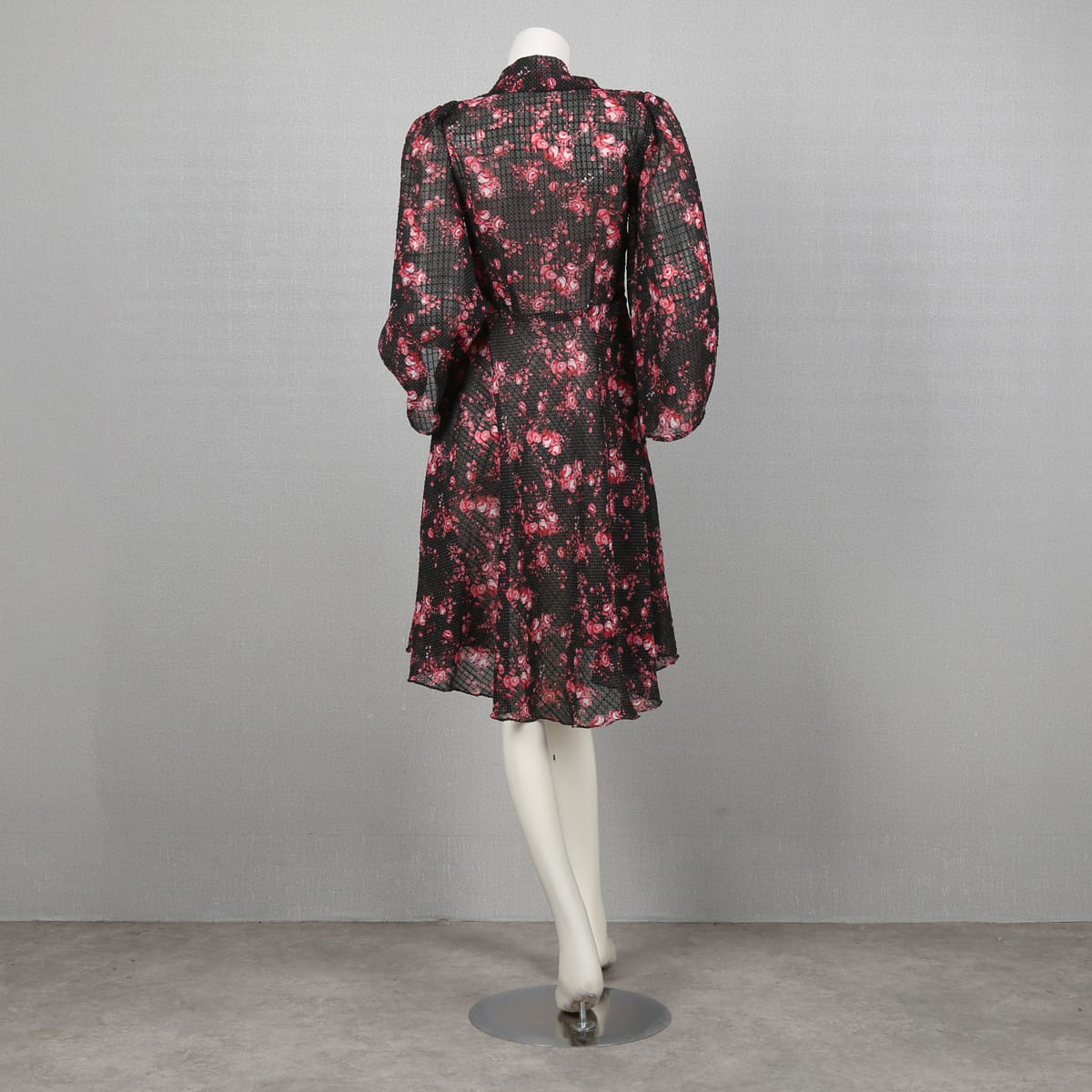 Floral Print Black Dress with Bell Sleeves and Belted Waist