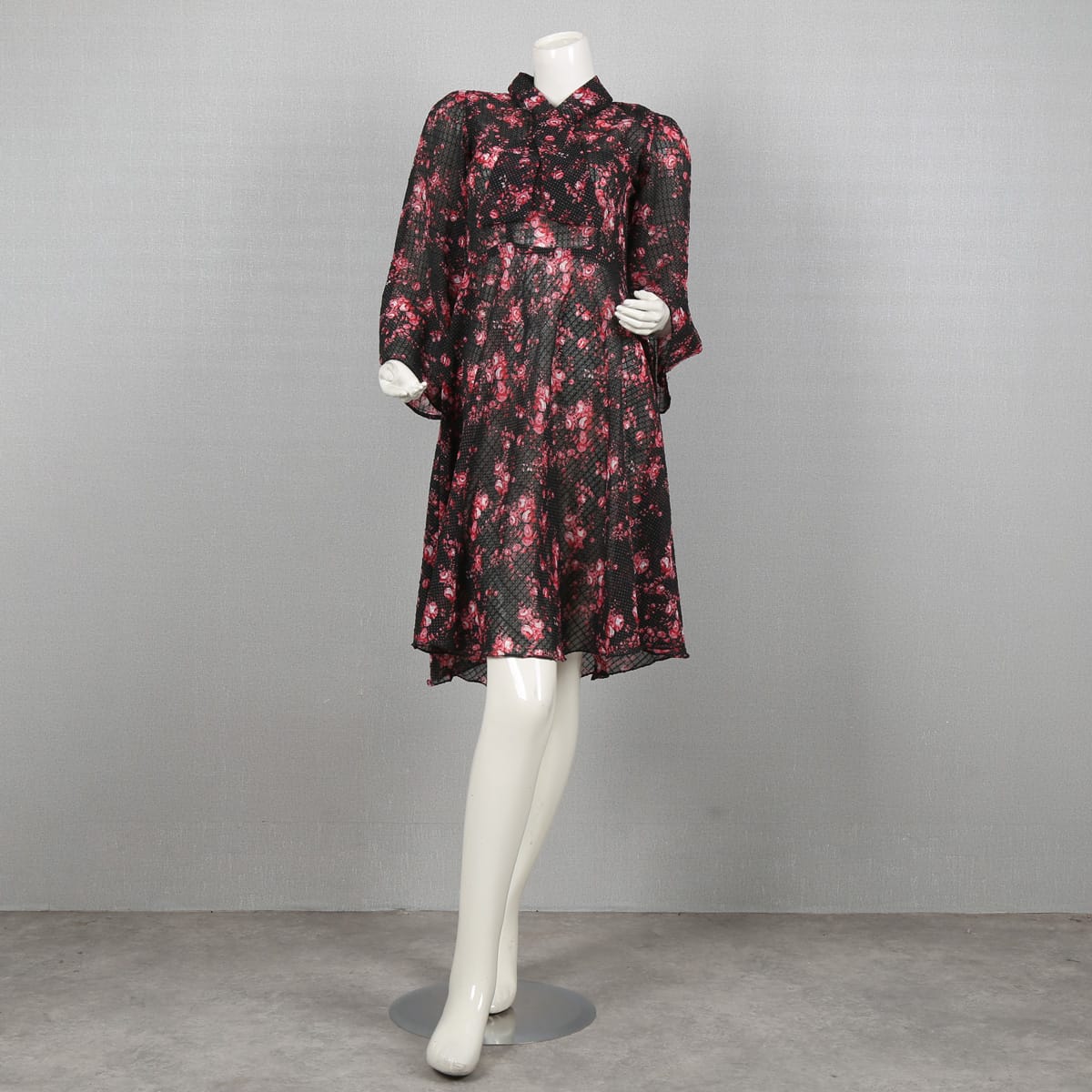 Floral Print Black Dress with Bell Sleeves and Belted Waist
