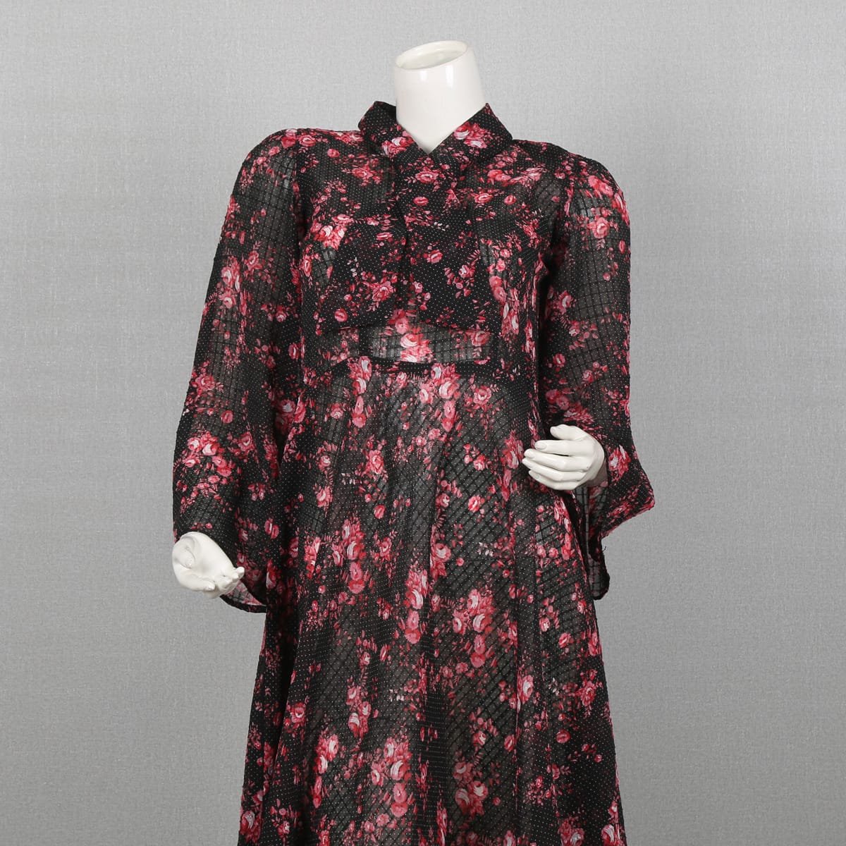 Floral Print Black Dress with Bell Sleeves and Belted Waist