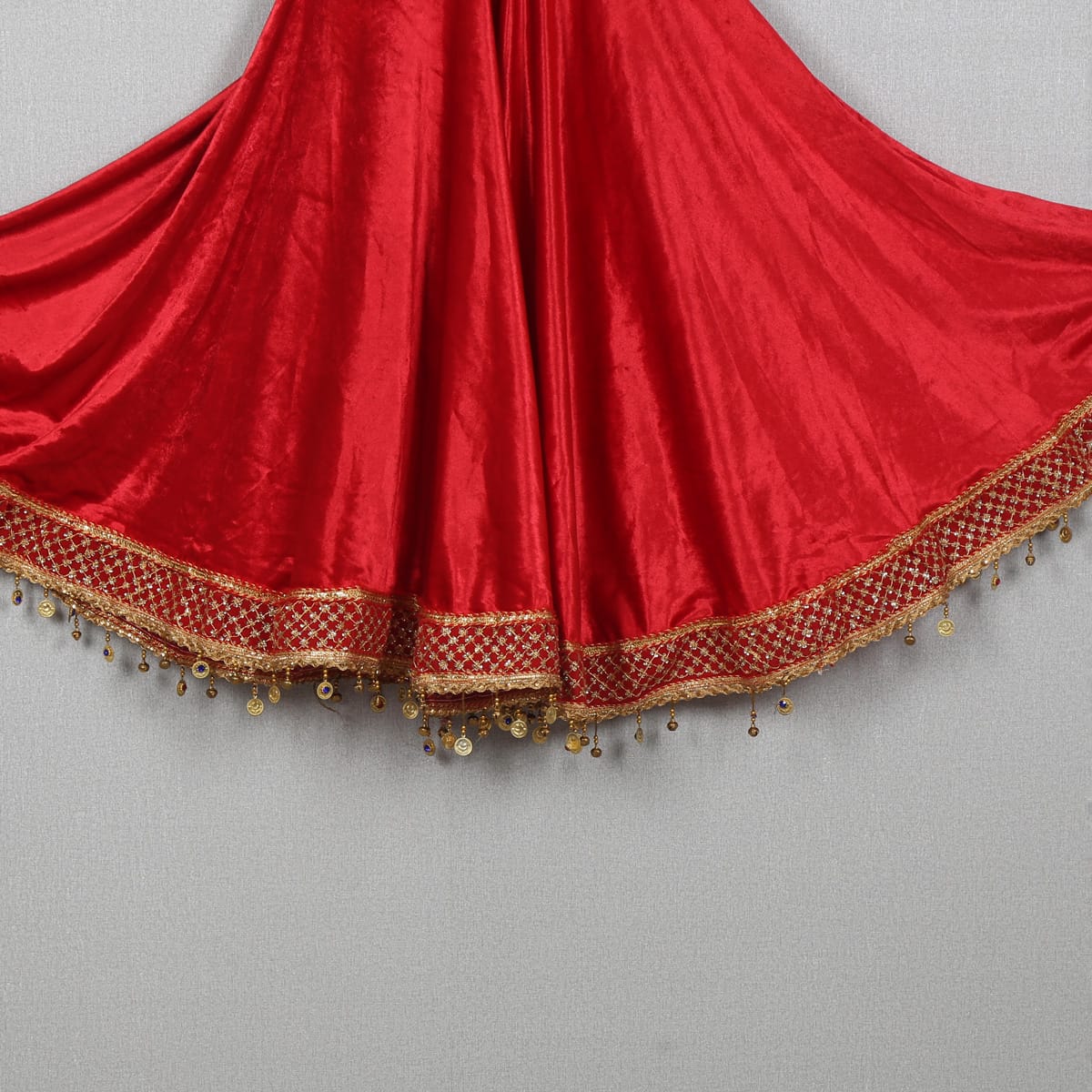 Red Velvet Ethnic Dress with Blue Embroidered Bodice and Jhanjhar Detailing