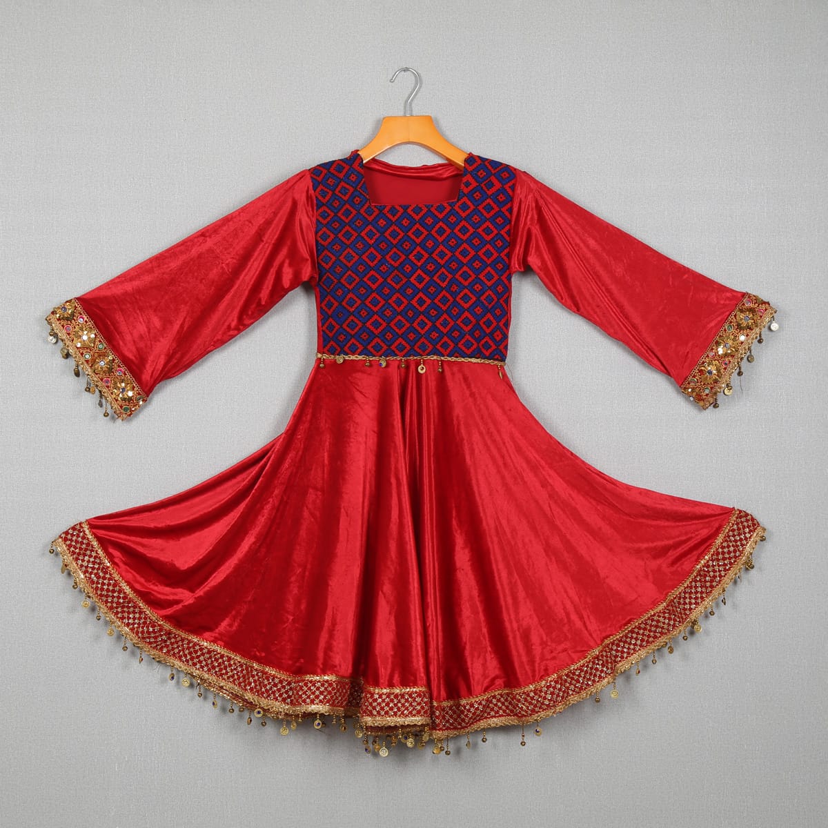 Red Velvet Ethnic Dress with Blue Embroidered Bodice and Jhanjhar Detailing