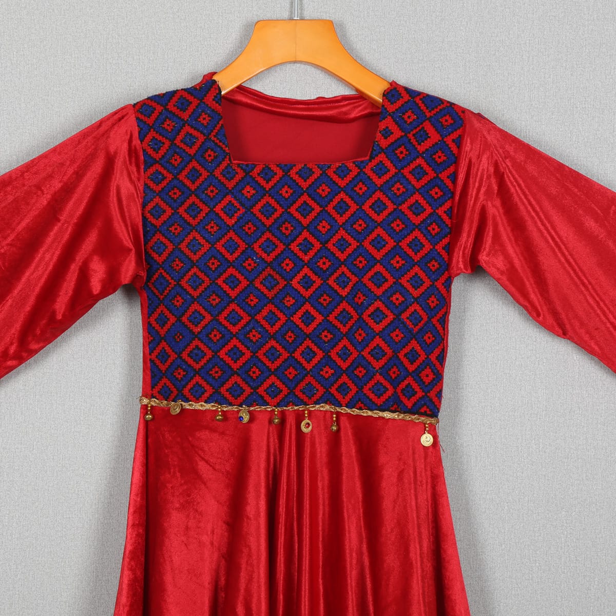 Red Velvet Ethnic Dress with Blue Embroidered Bodice and Jhanjhar Detailing