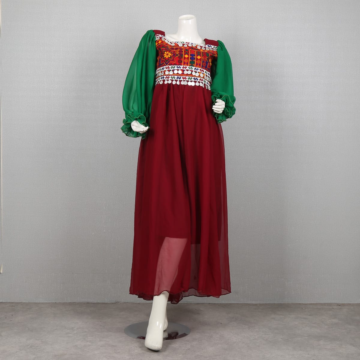Boho Chic Red and Green Embroidered Maxi Dress