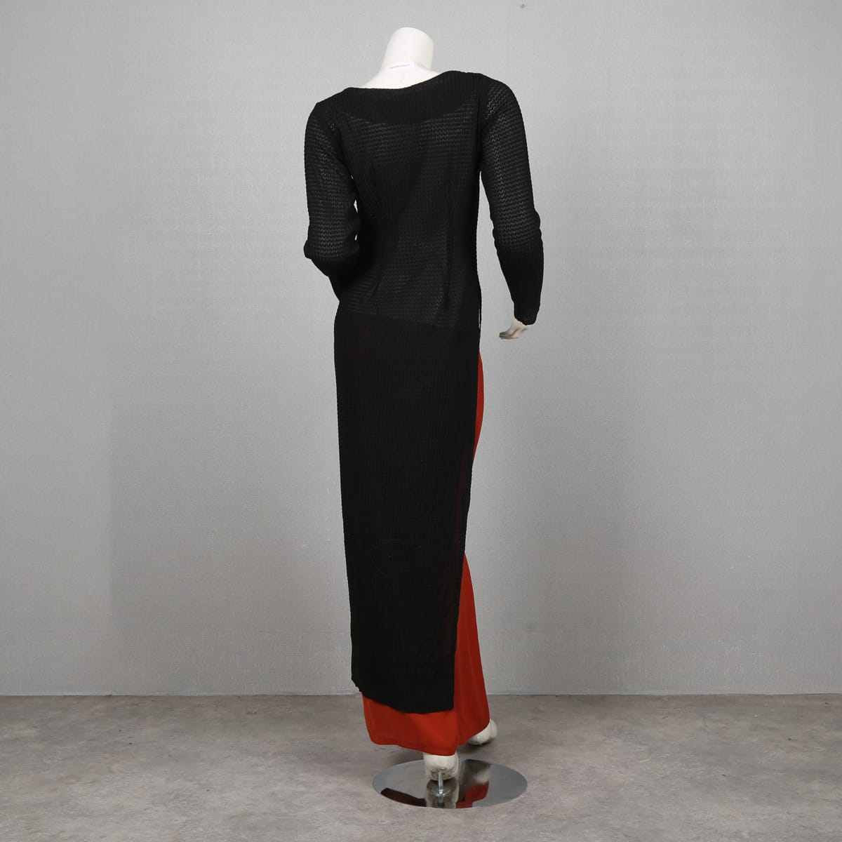 Black Mesh Long Dress with Red Underlay Pants