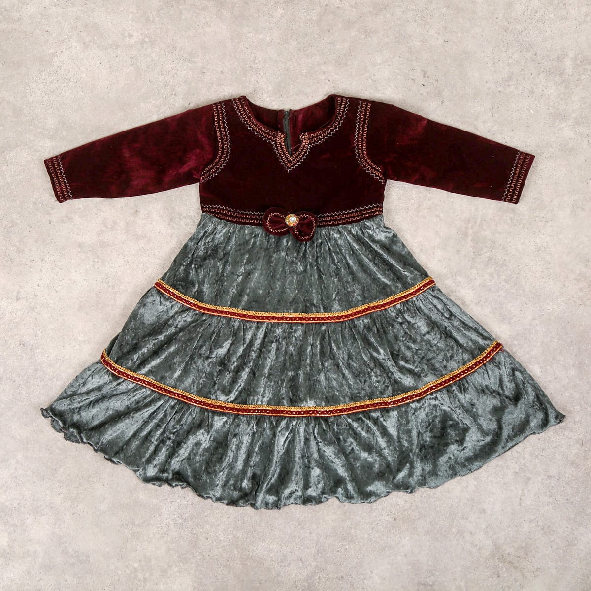 Burgundy and Green Velvet Dress