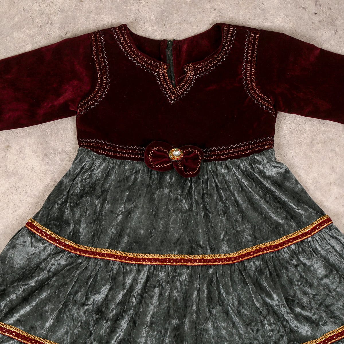 Burgundy and Green Velvet Dress