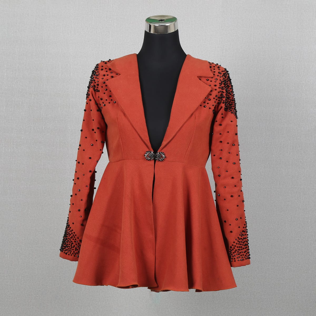 Rust Beaded Jacket Dress with Deep V-Neck and Decorative Bow Closure | Aseel