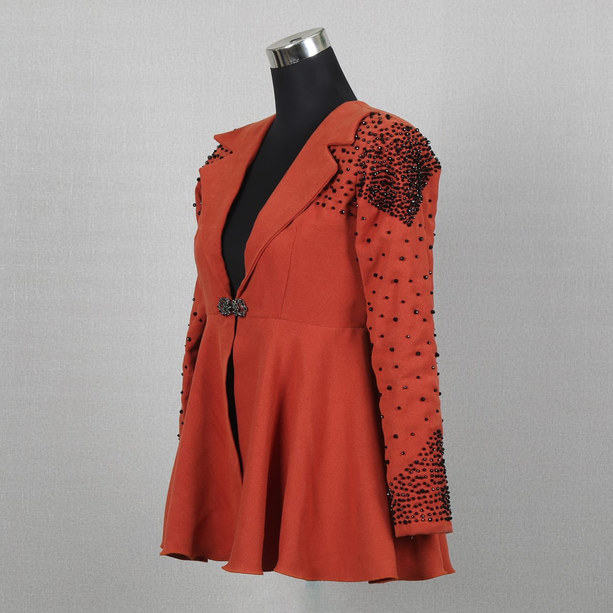 Rust Beaded Jacket Dress with Deep V-Neck and Decorative Bow Closure