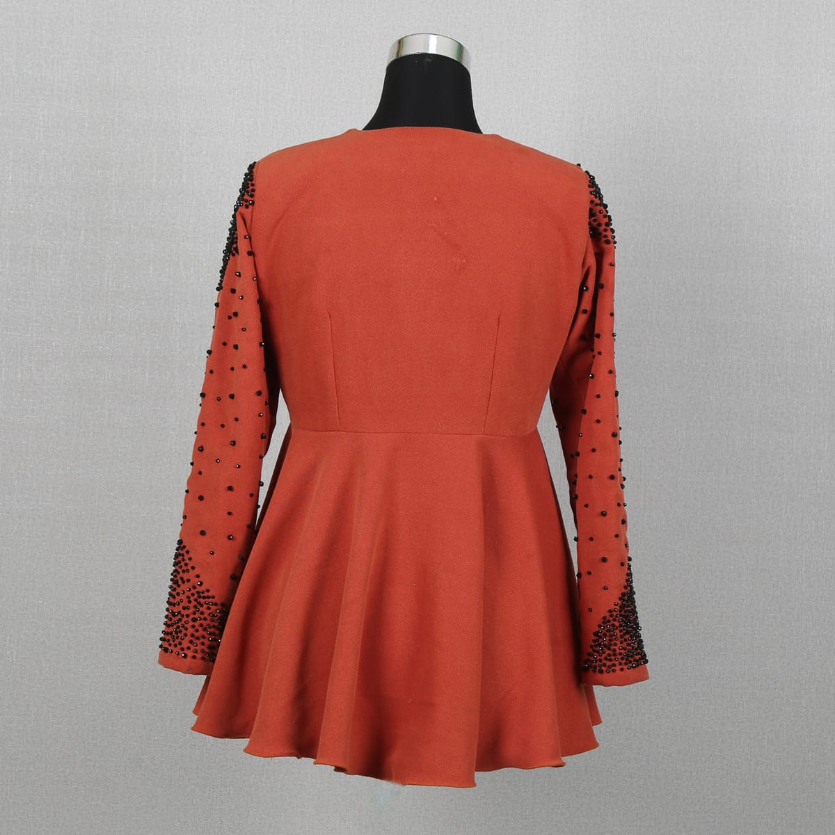 Rust Beaded Jacket Dress with Deep V-Neck and Decorative Bow Closure