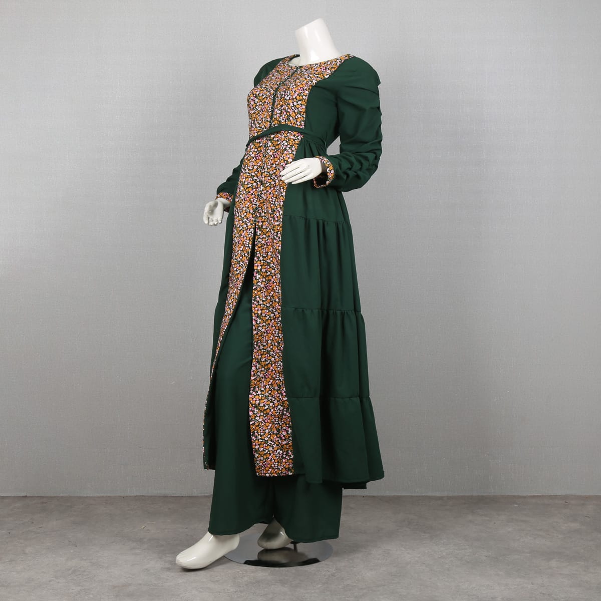 Green Floral Print Maxi Dress with Belt and Matching Pants
