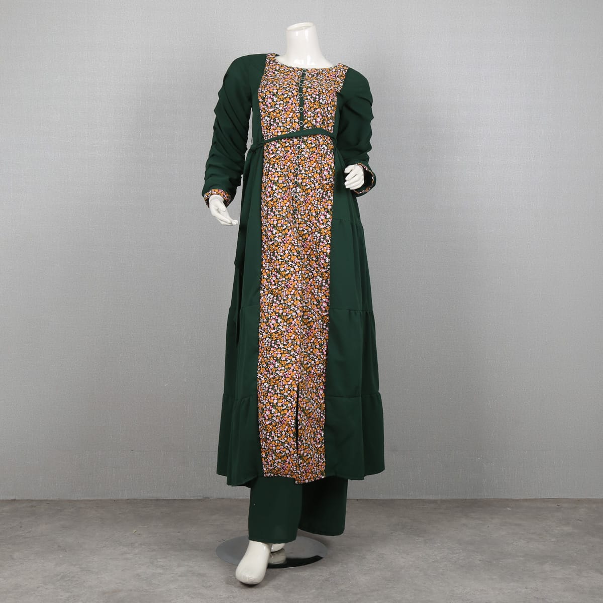 Green Floral Print Maxi Dress with Belt and Matching Pants