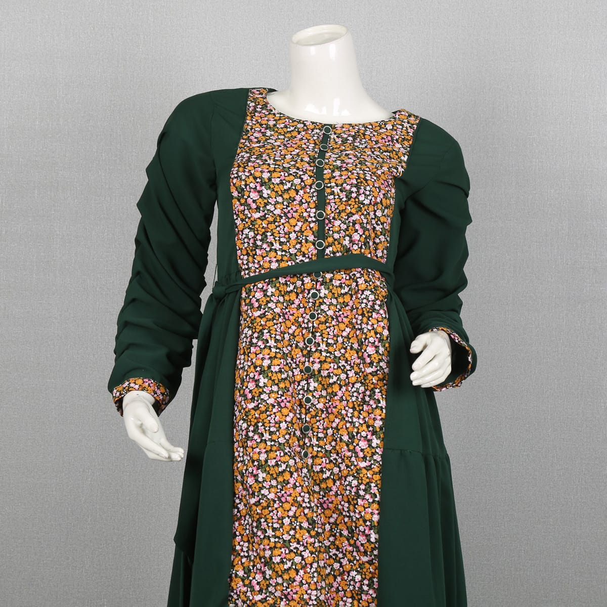 Green Floral Print Maxi Dress with Belt and Matching Pants