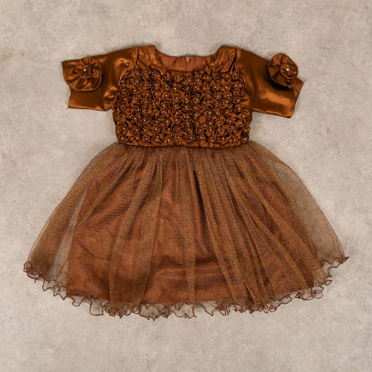 Brown Satin and Tulle Dress with Rosette Bodice and Tulle Skirt