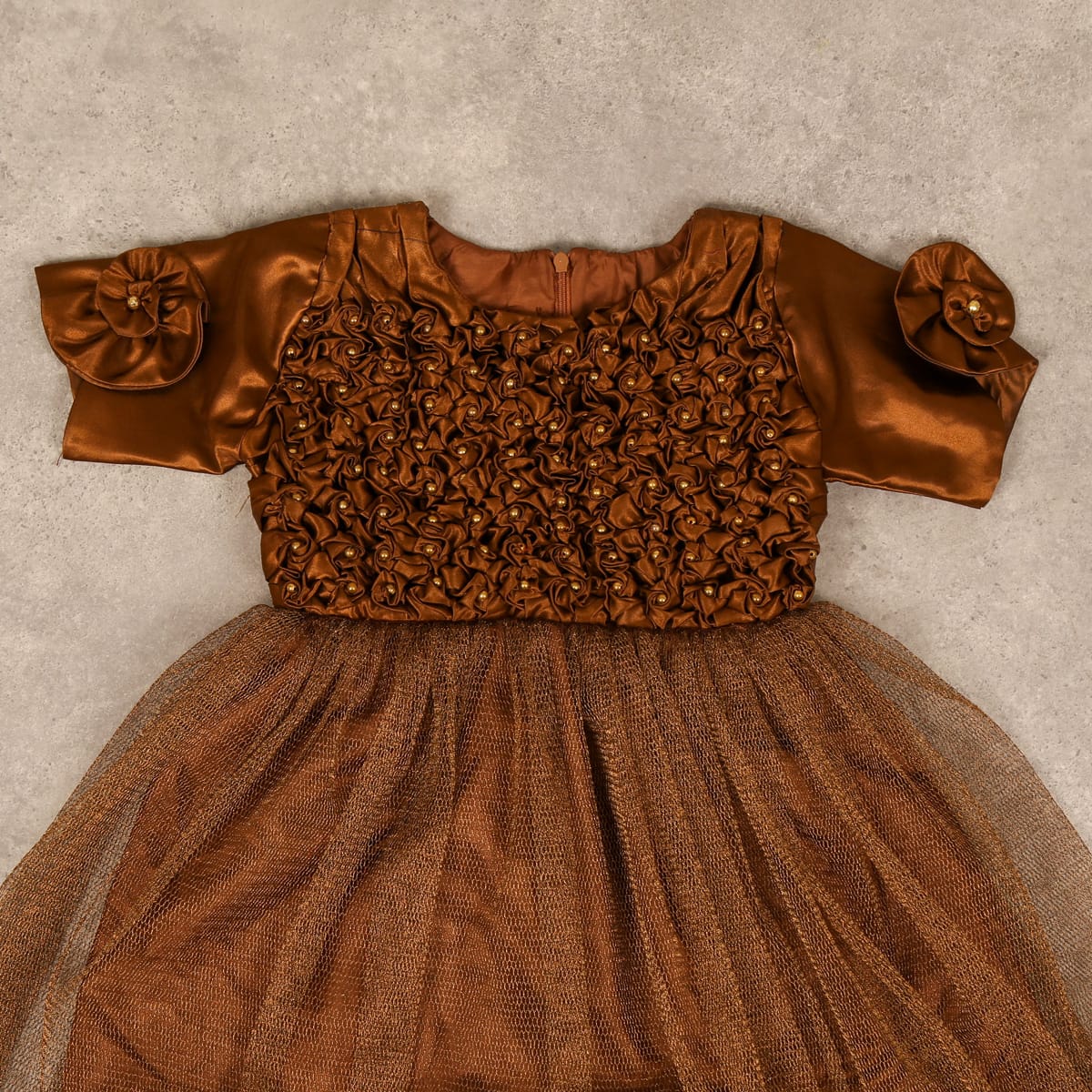 Brown Satin and Tulle Dress with Rosette Bodice and Tulle Skirt