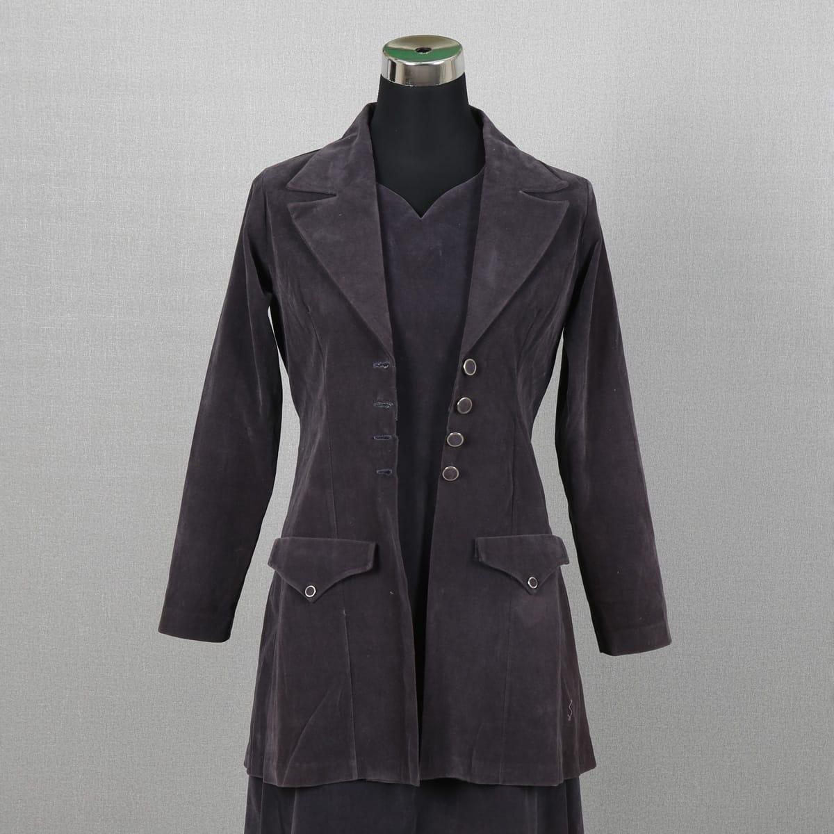 Charcoal Velvet Blazer Dress with Double Breasted Detail
