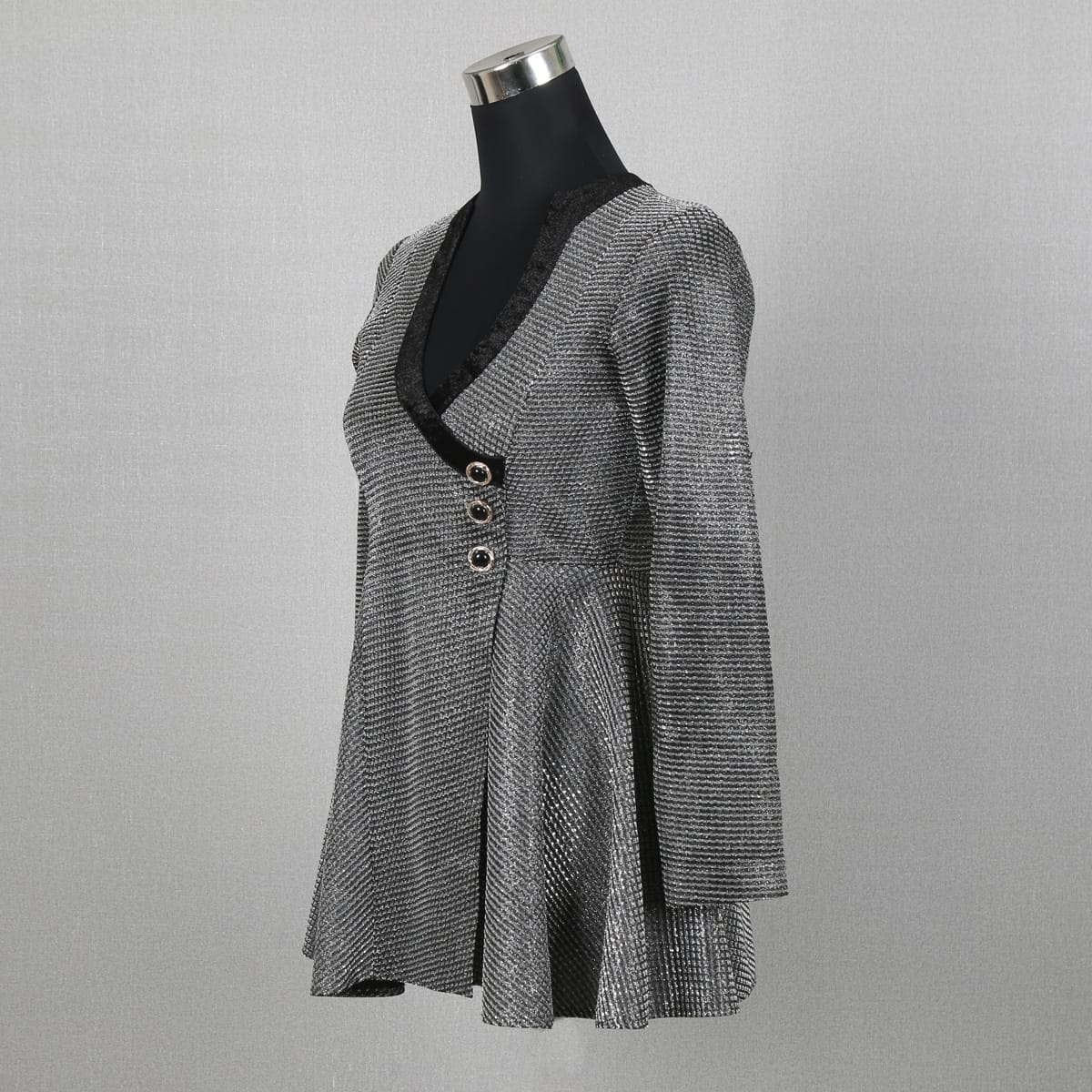 Silver Metallic Dress with Velvet Collar and Button Details