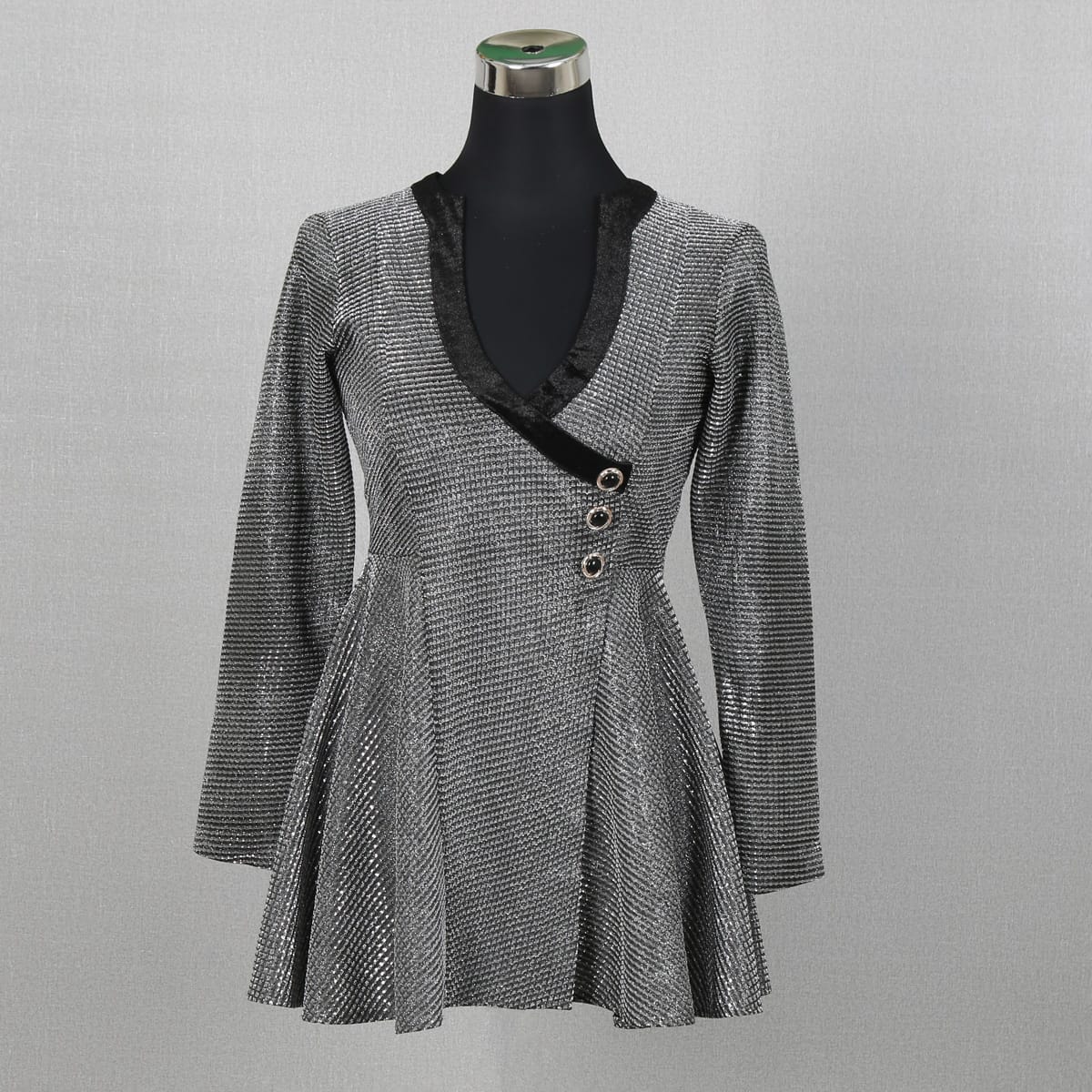 Silver Metallic Dress with Velvet Collar and Button Details