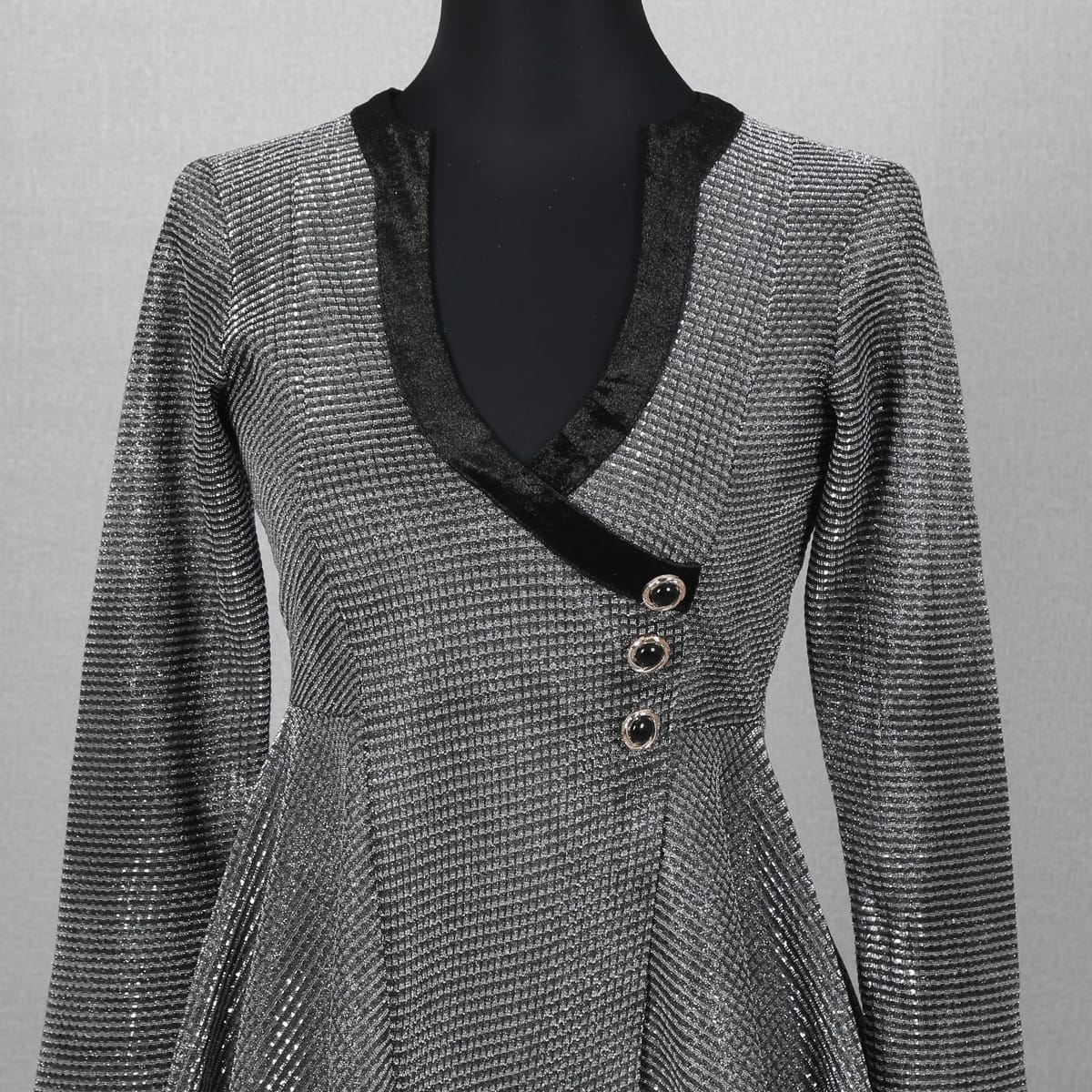 Silver Metallic Dress with Velvet Collar and Button Details