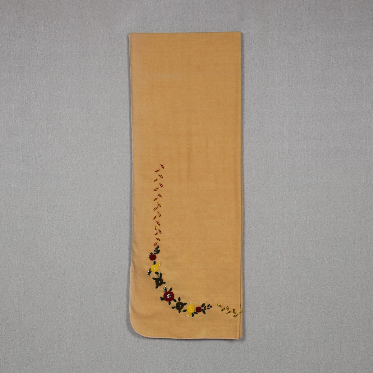 Embroidered Floral Beige Scarf with Colorful Thread Detailing