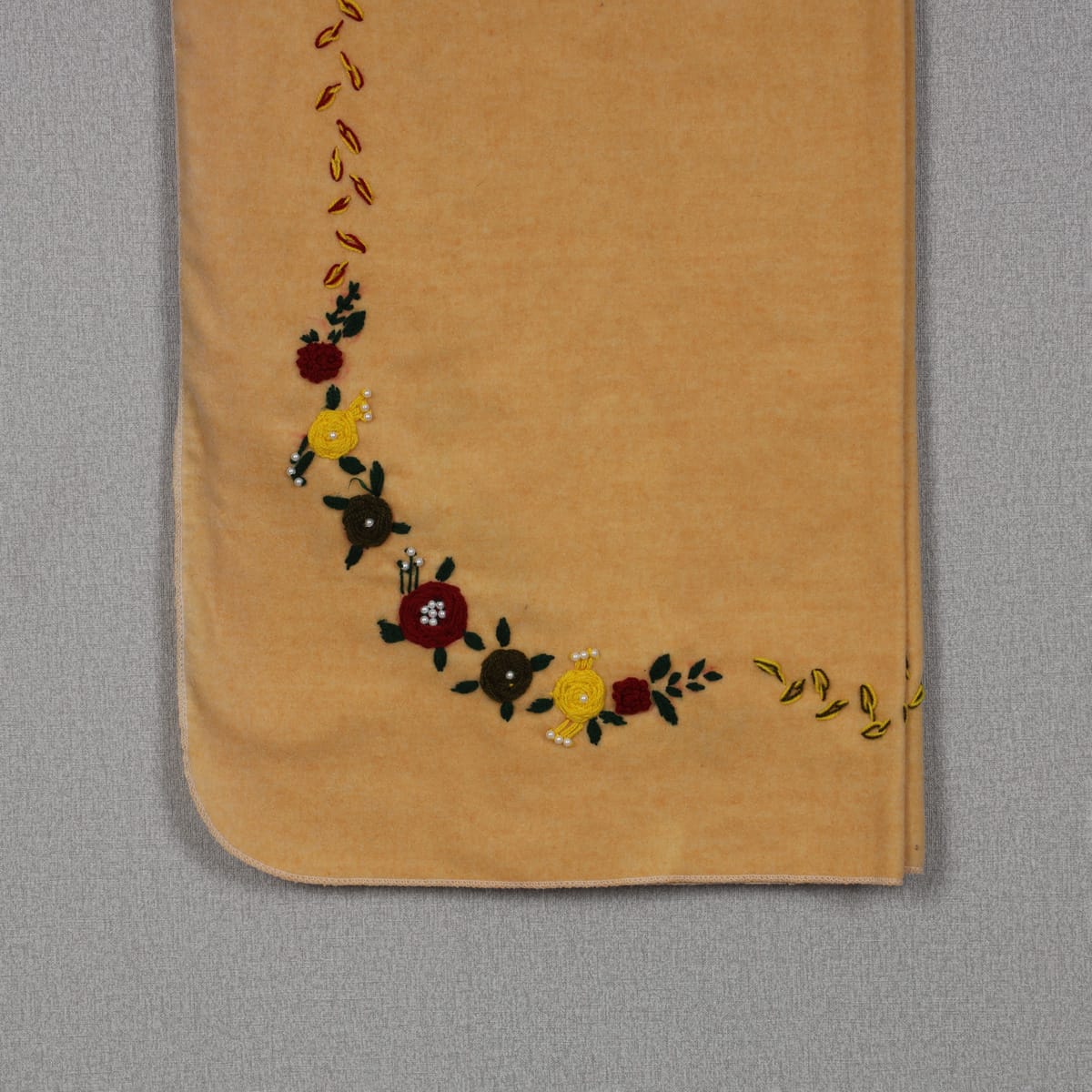 Embroidered Floral Beige Scarf with Colorful Thread Detailing