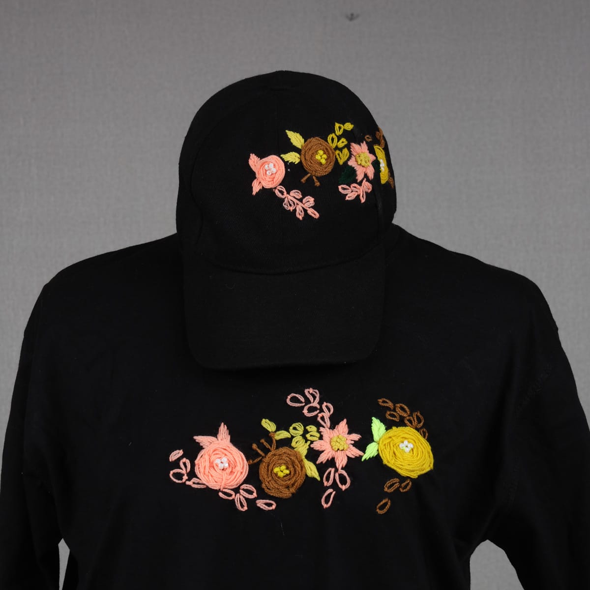Black Embroidered T-Shirt and Cap Set with Floral Design