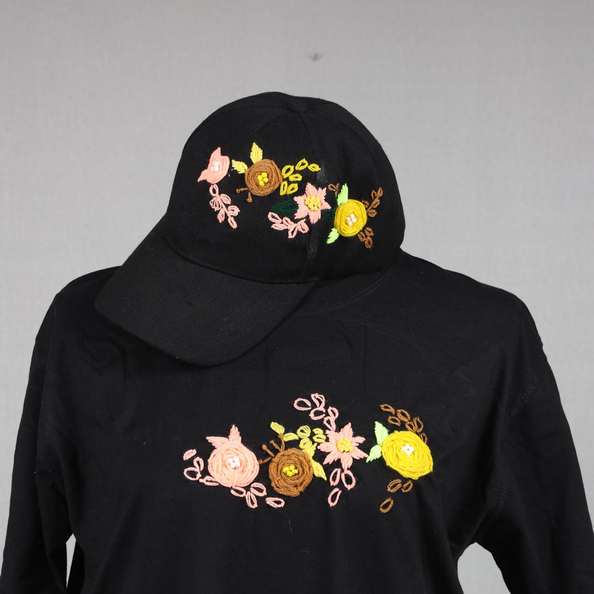 Black Embroidered T-Shirt and Cap Set with Floral Design