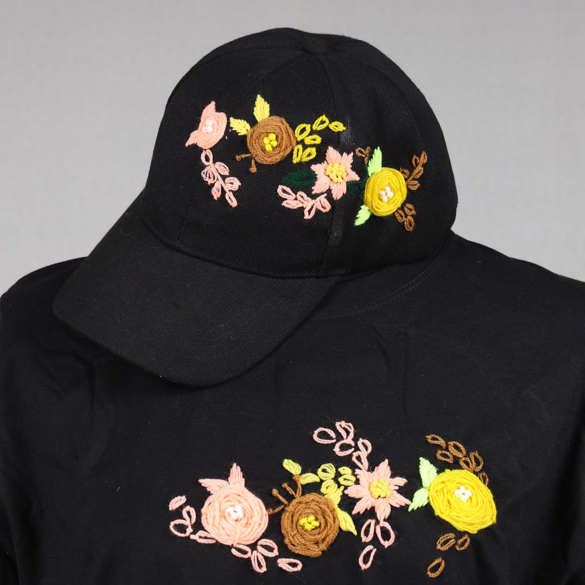 Black Embroidered T-Shirt and Cap Set with Floral Design