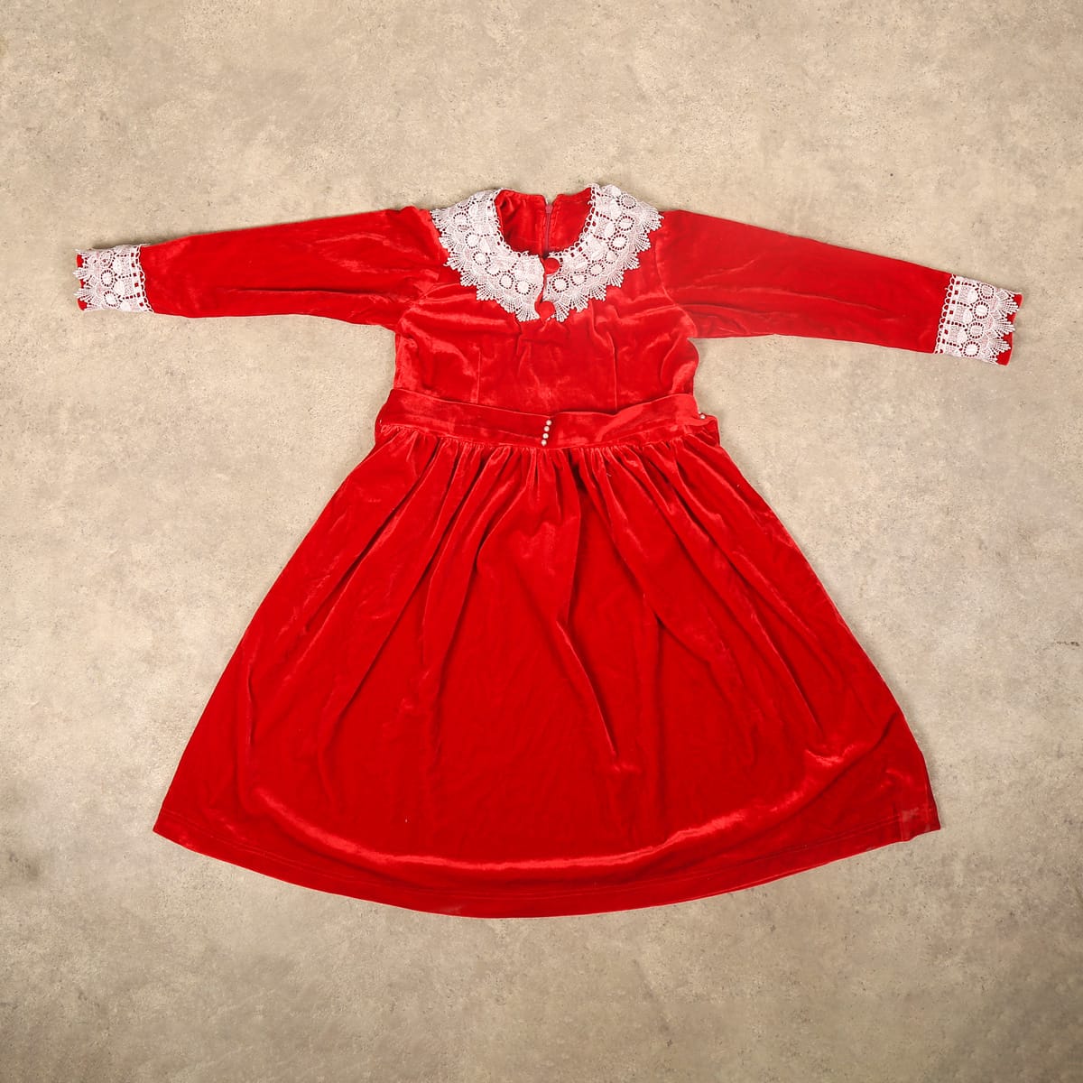 Girls' Red Velvet Dress with Lace Collar and Cuffs