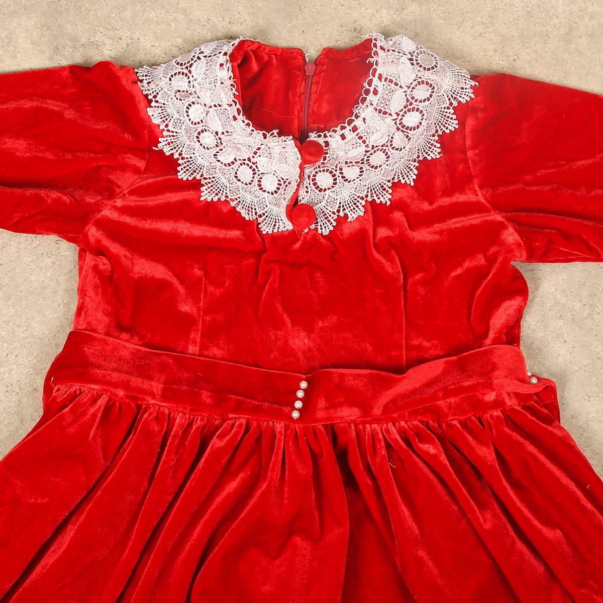 Girls' Red Velvet Dress with Lace Collar and Cuffs