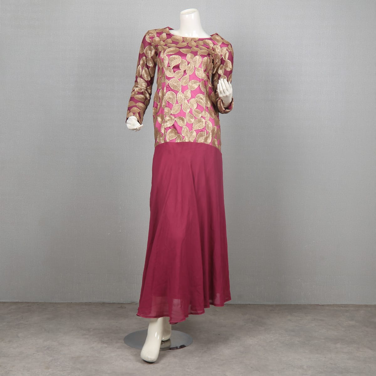 Two-Tone Dress with Gold Leaf Embroidery
