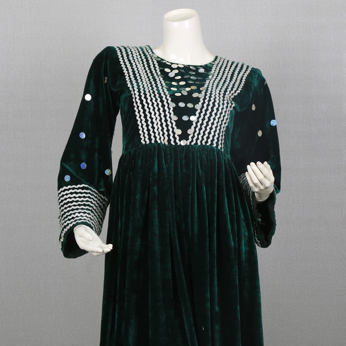 Green Velvet Dress with Embroidered Neckline and Sleeve Details