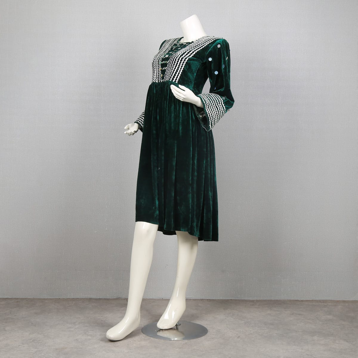 Green Velvet Dress with Embroidered Neckline and Sleeve Details
