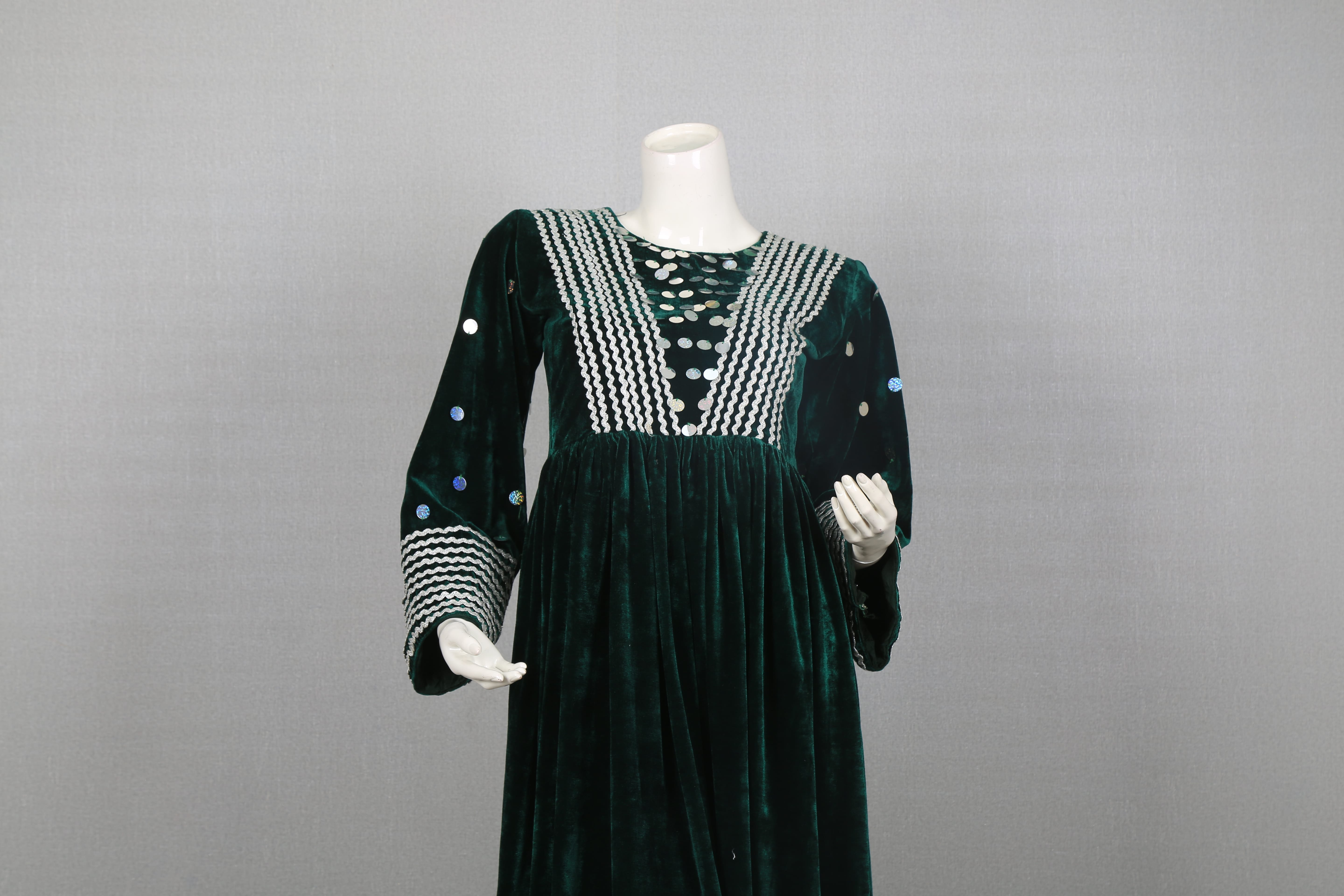 Green Velvet Dress with Embroidered Neckline and Sleeve Details