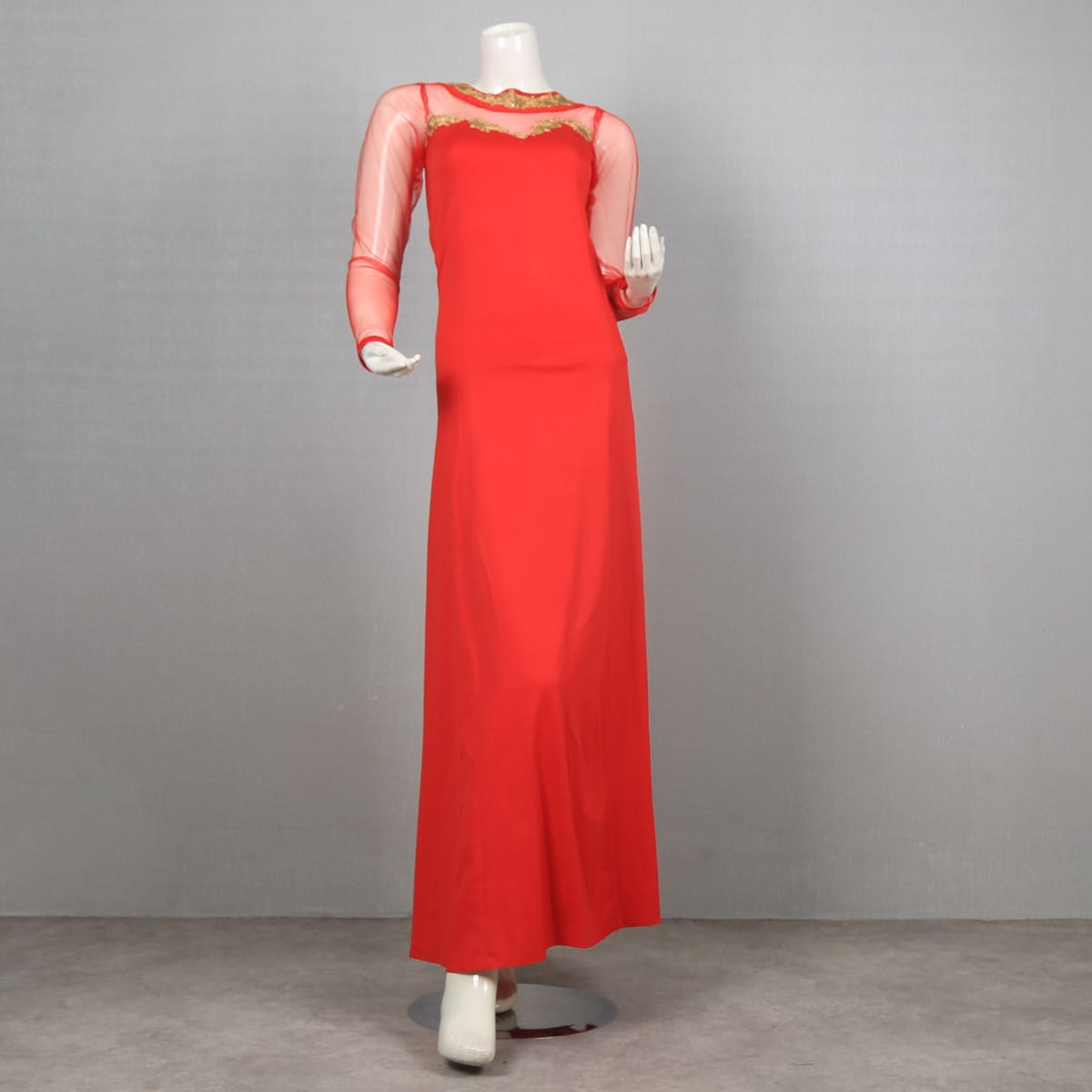 Elegant Red Mesh Sleeve Dress with Gold Embellishments